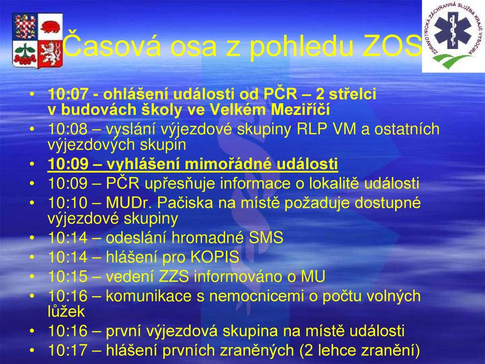 Pačiska na místě požaduje dostupné výjezdové skupiny 10:14 odeslání hromadné SMS 10:14 hlášení pro KOPIS 10:15 vedení ZZS informováno o MU