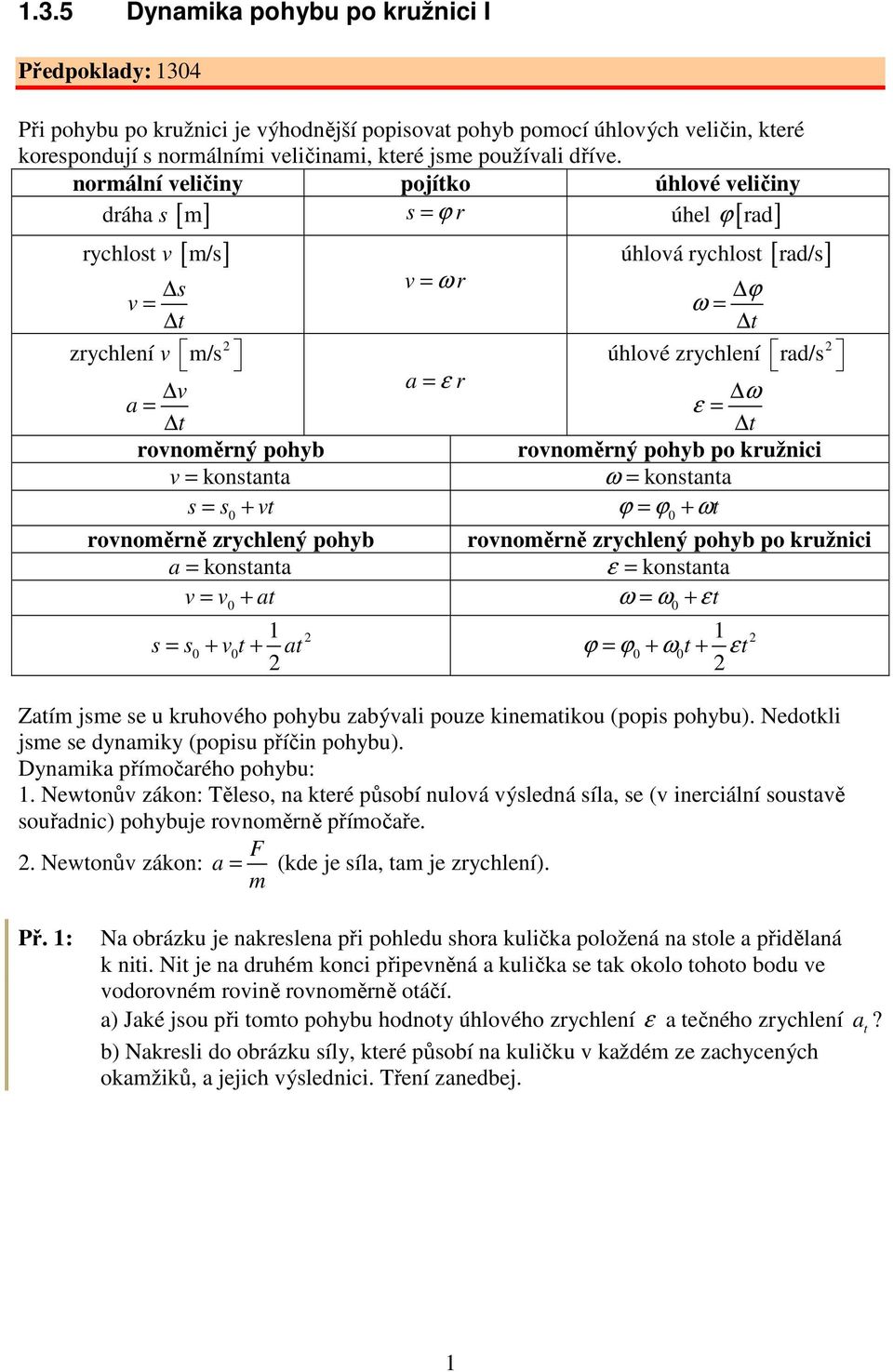 rovnoměrný pohyb rovnoměrný pohyb po kružnici v = konsana ω = konsana s = s + v ϕ = ϕ0 + ω 0 rovnoměrně zrychlený pohyb rovnoměrně zrychlený pohyb po kružnici a = konsana ε = konsana v = v + a ω = ω0