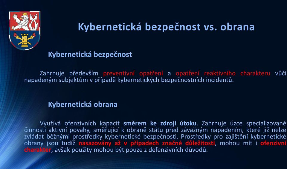 bezpečnostních incidentů. Kybernetická obrana Využívá ofenzivních kapacit směrem ke zdroji útoku.