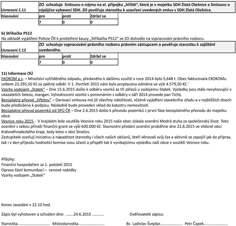 b) Stříkačka PS12 Na základě vyjádření Policie ČR k prošetření kauzy Stříkačka PS12 se ZO dohodlo na vypracování právního rozboru.