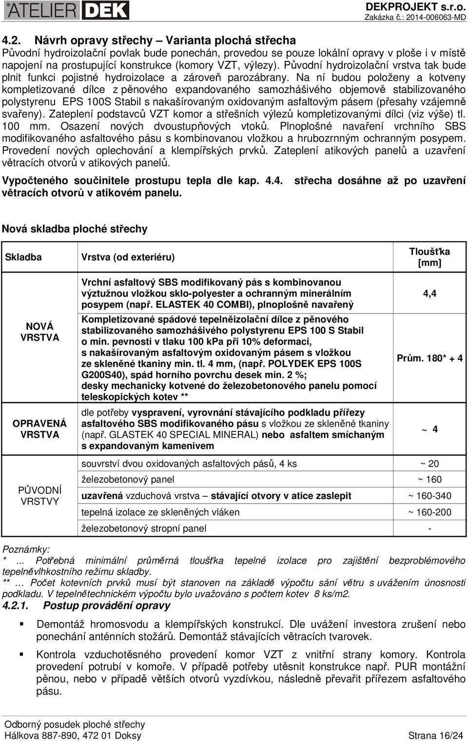 Na ní budou položeny a kotveny kompletizované dílce z pěnového expandovaného samozhášivého objemově stabilizovaného polystyrenu EPS 100S Stabil s nakašírovaným oxidovaným asfaltovým pásem (přesahy