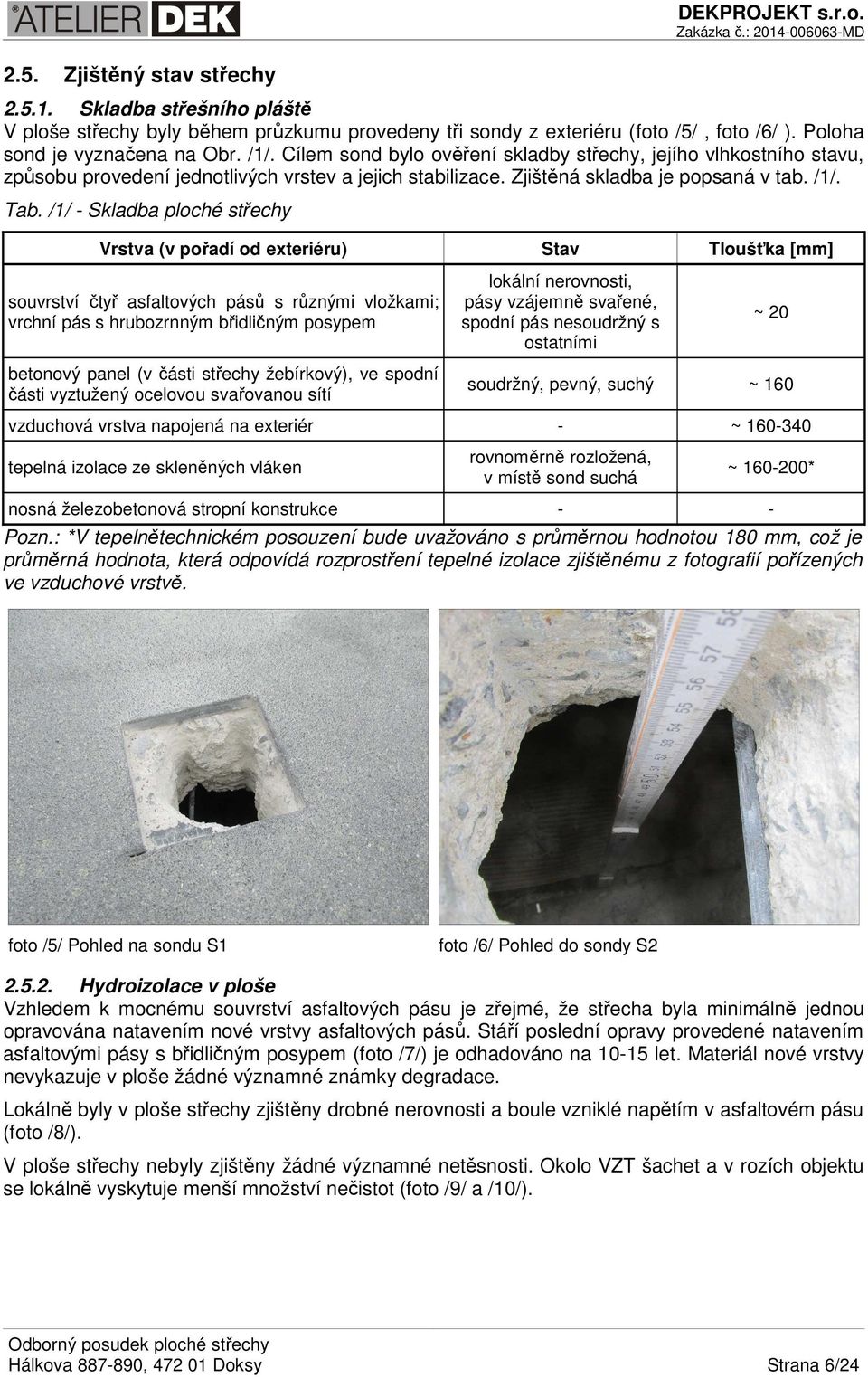 /1/ - Skladba ploché střechy Vrstva (v pořadí od exteriéru) Stav Tloušťka [mm] souvrství čtyř asfaltových pásů s různými vložkami; vrchní pás s hrubozrnným břidličným posypem betonový panel (v části