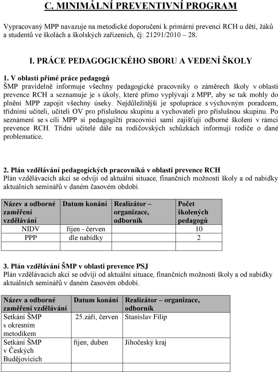 V oblasti přímé práce pedagogů pravidelně informuje všechny pedagogické pracovníky o záměrech školy v oblasti prevence RCH a seznamuje je s úkoly, které přímo vyplývají z MPP, aby se tak mohly do