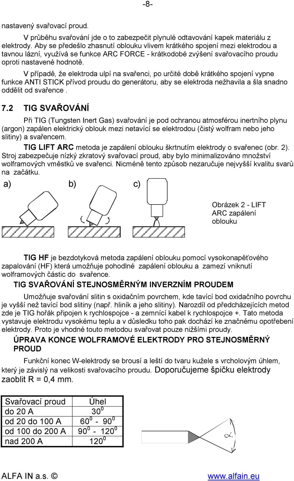 V případě, že elektroda ulpí na svařenci, po určité době krátkého spojení vypne funkce ANTI STICK přívod proudu do generátoru, aby se elektroda nežhavila a šla snadno oddělit od svařence. 7.