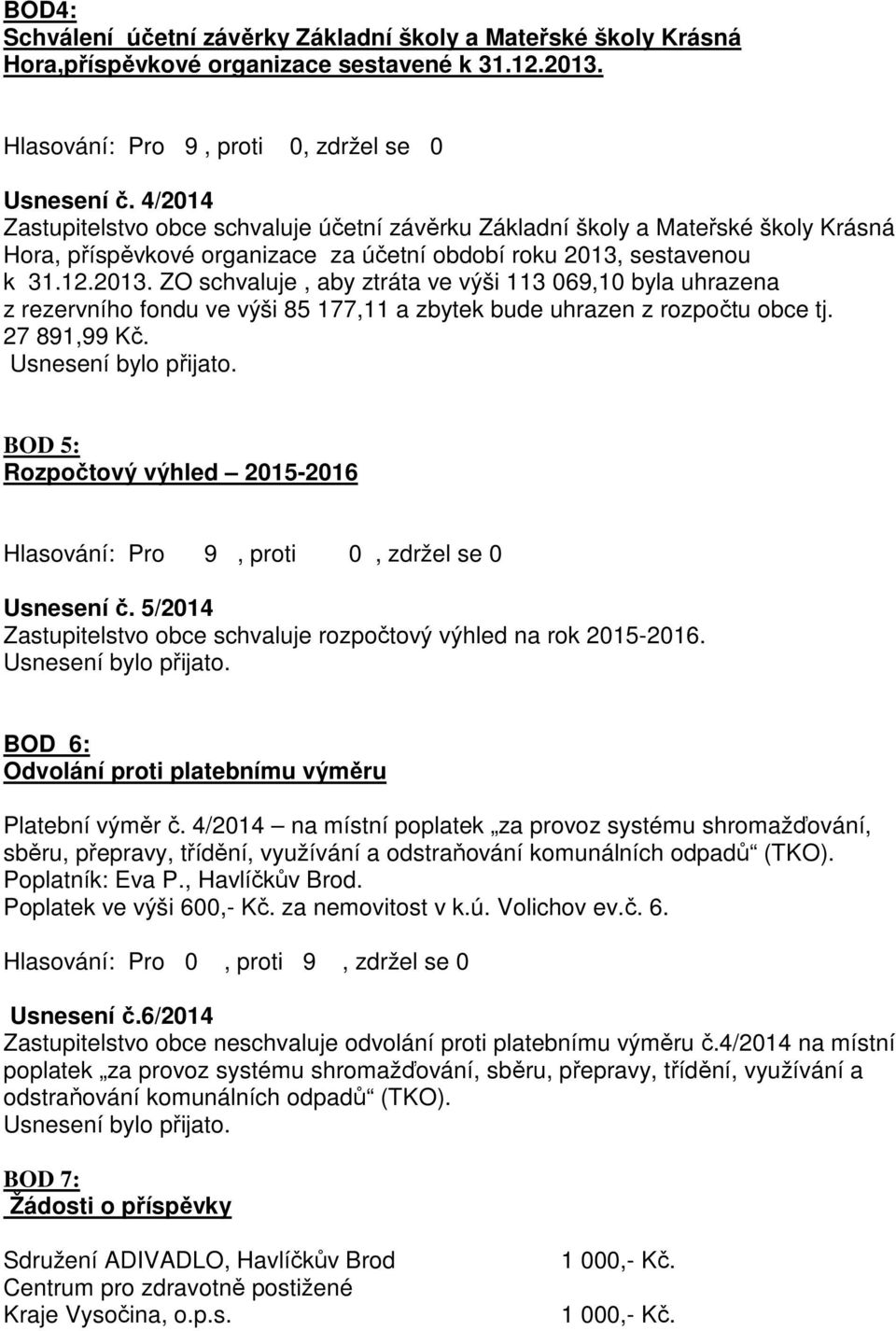 sestavenou k 31.12.2013. ZO schvaluje, aby ztráta ve výši 113 069,10 byla uhrazena z rezervního fondu ve výši 85 177,11 a zbytek bude uhrazen z rozpočtu obce tj. 27 891,99 Kč.