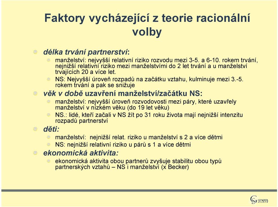 rokem trvání a pak se snižuje věk v době uzavření manželství/začátku NS: manželství: nejvyšší úroveň rozvodovosti mezi páry, které uzavřely manželství v nízkém věku (do 19 let věku) NS.