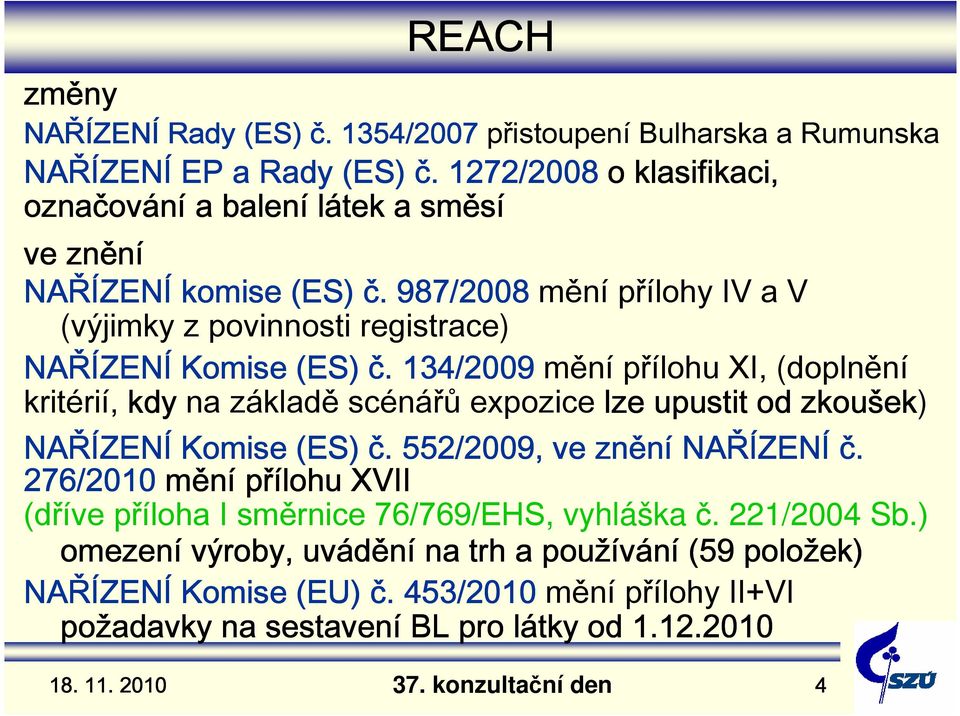 987/2008 mění přílohy IV a V (výjimky z povinnosti registrace) ZENÍ Komise (ES) č.