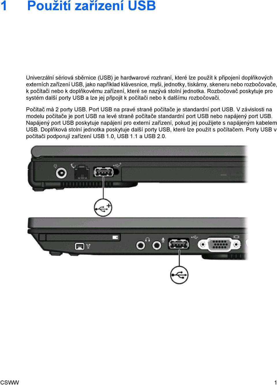 Rozbočovač poskytuje pro systém další porty USB a lze jej připojit k počítači nebo k dalšímu rozbočovači. Počítač má 2 porty USB. Port USB na pravé straně počítače je standardní port USB.
