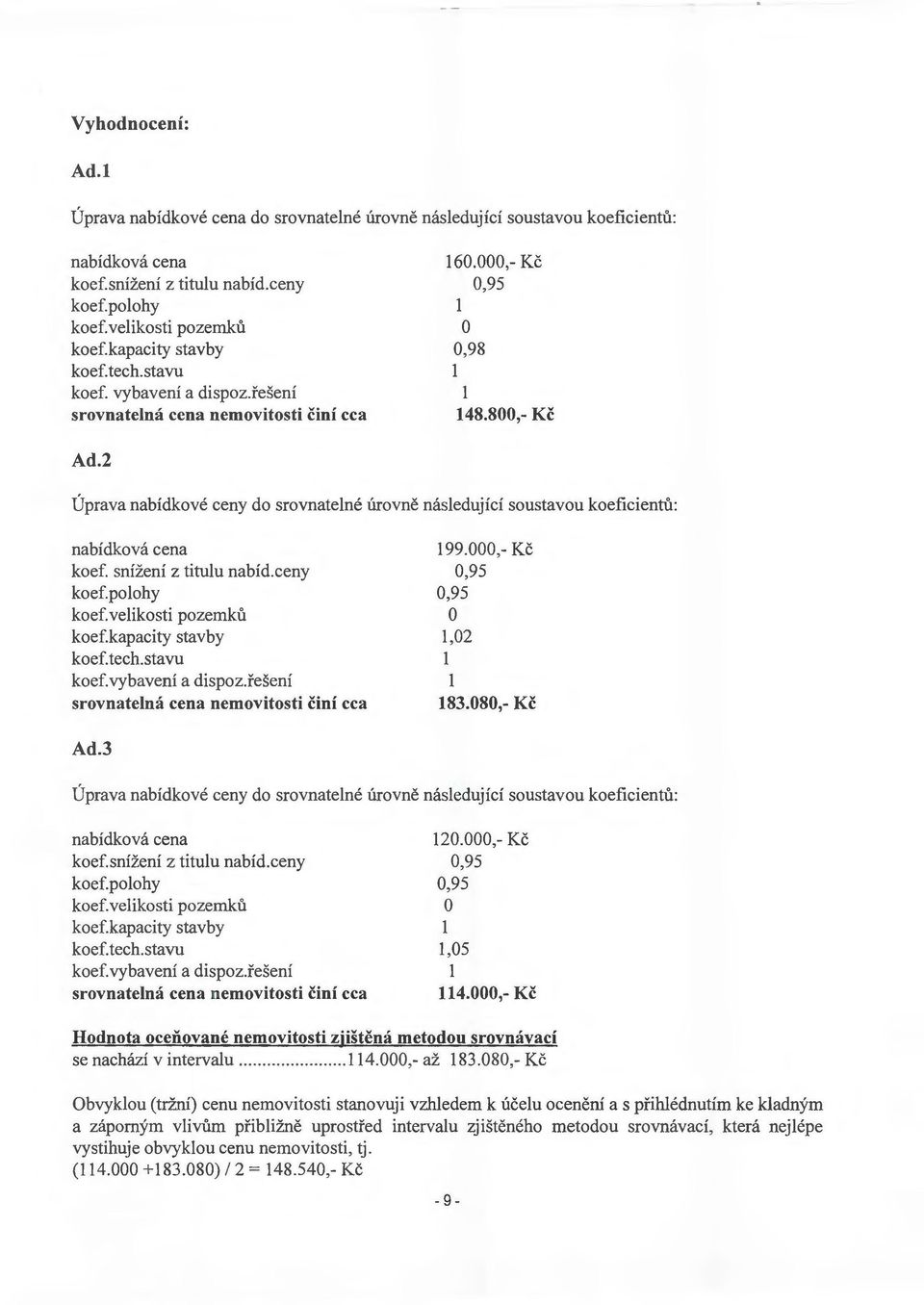 2 Uprava nabidkove ceny do srovnatelne urovne nasledujici soustavou koeficientu: nabidkova cena koef. snizeni z titulu nabid.ceny koef. polohy koef. velikosti pozemku koef.kapacity stavby koef. tech.