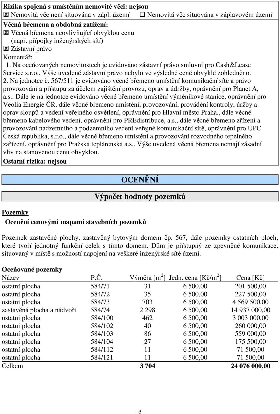 Na oceňovaných nemovitostech je evidováno zástavní právo smluvní pro Cash&Lease Service s.r.o.. Výše uvedené zástavní právo nebylo ve výsledné ceně obvyklé zohledněno. 2. Na jednotce č.