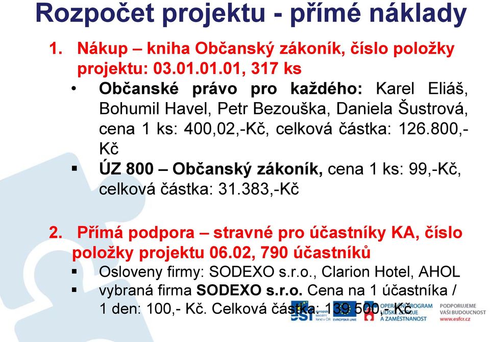 částka: 126.800,- Kč ÚZ 800 Občanský zákoník, cena 1 ks: 99,-Kč, celková částka: 31.383,-Kč 2.