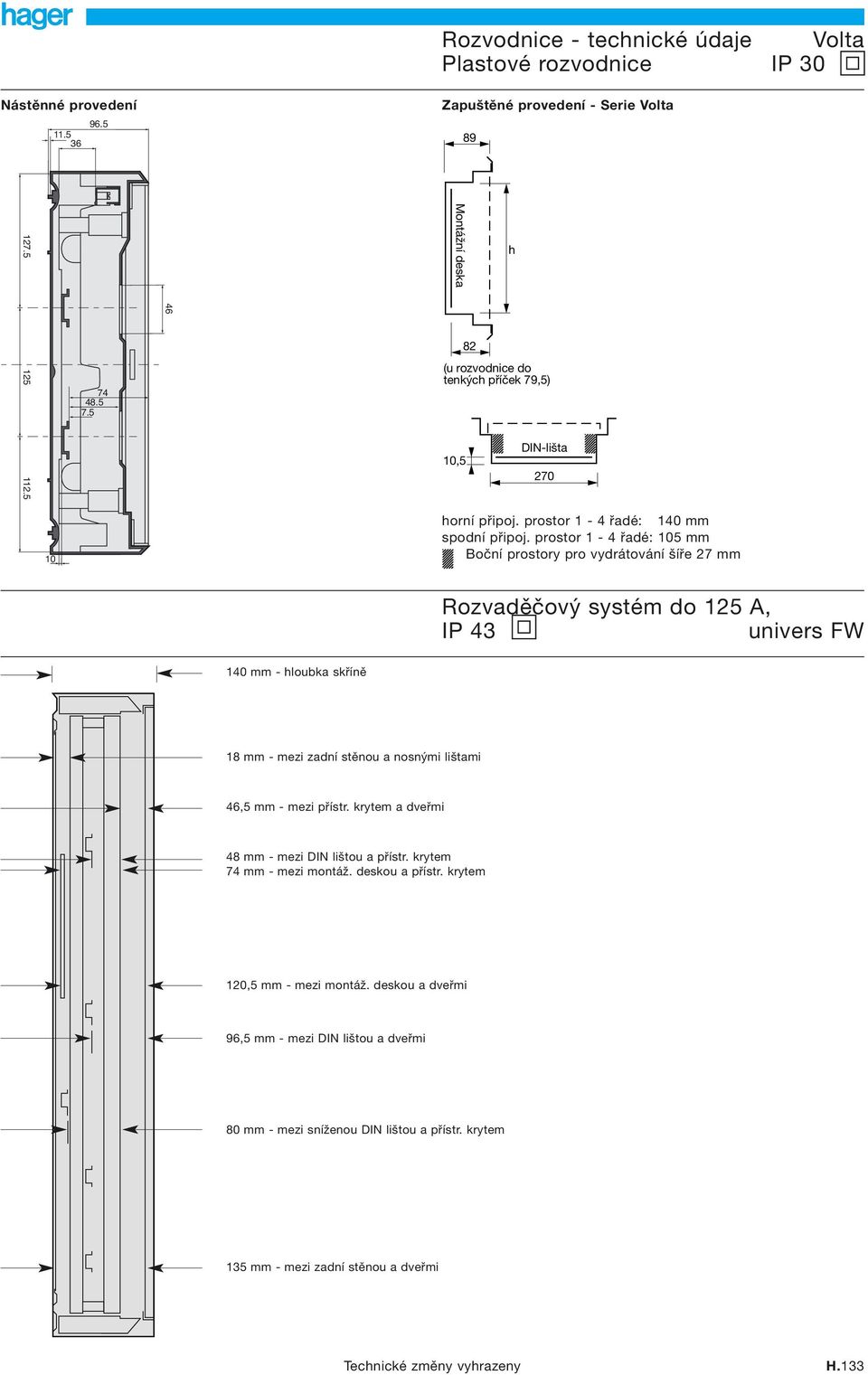 prostor 1-4 řadé: 105 mm Boční prostory pro vydrátování šíře 27 mm Rozvaděčový systém do 125 A, IP 43 M 140 mm - hloubka skříně 18 mm - mezi zadní stěnou a nosnými lištami 46,5 mm - mezi přístr.