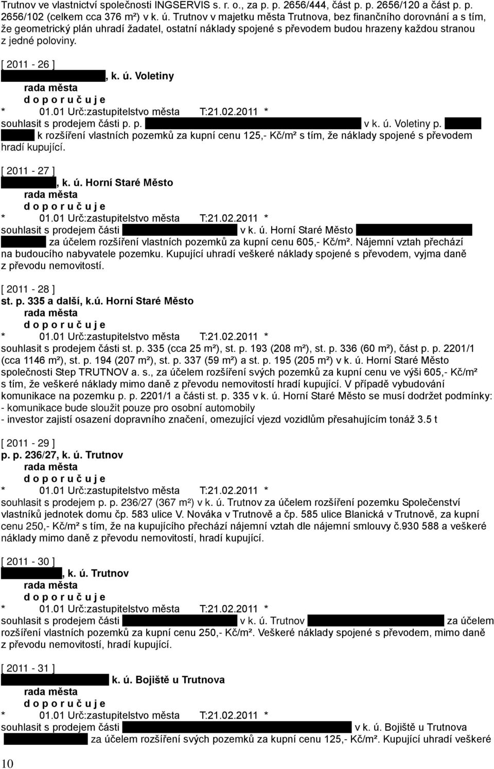 [ 2011-26 ], k. ú. Voletiny souhlasit s prodejem části p. p. v k. ú. Voletiny p. k rozšíření vlastních pozemků za kupní cenu 125,- Kč/m² s tím, že náklady spojené s převodem hradí kupující.