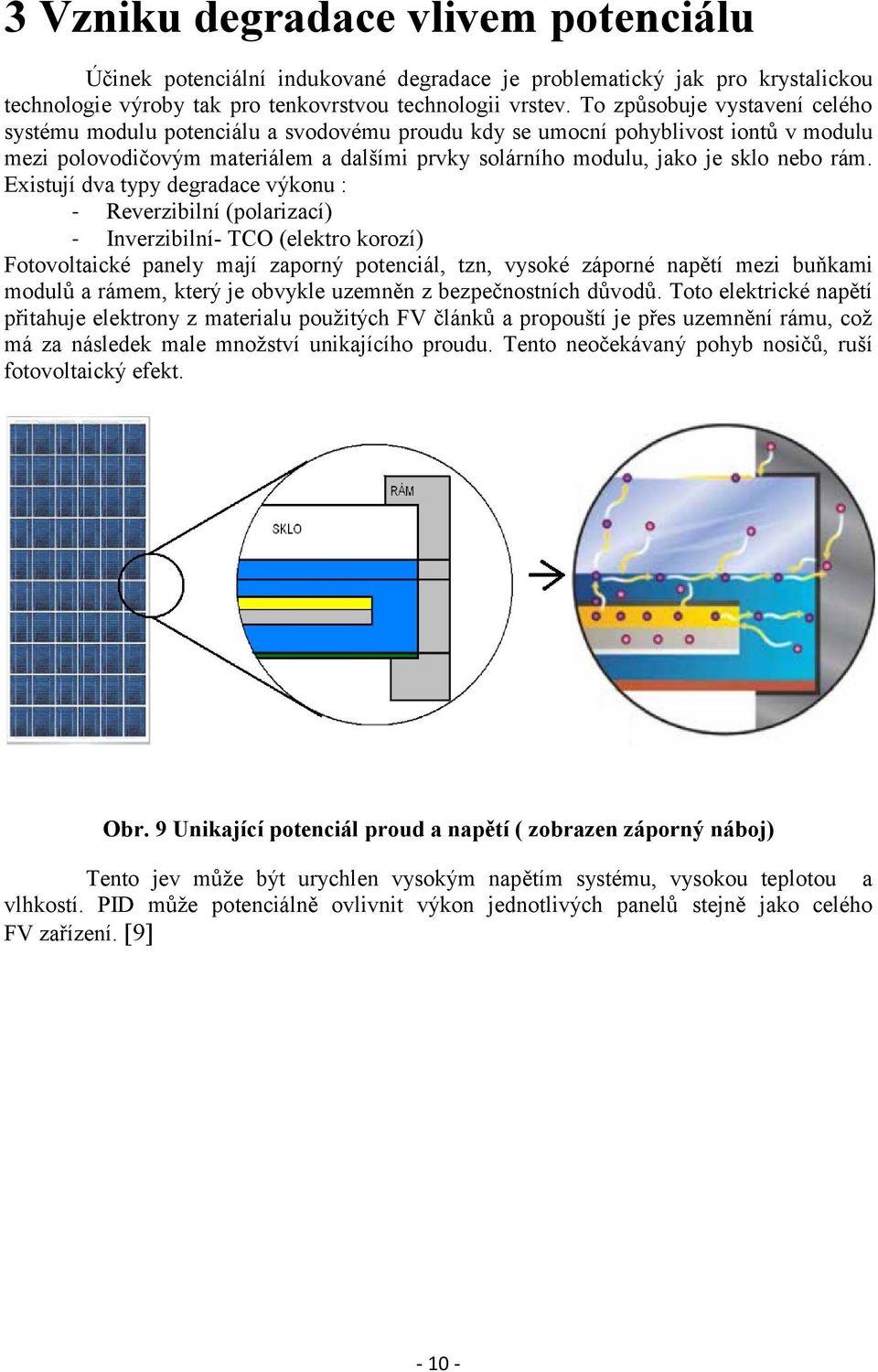 rám. Existují dva typy degradace výkonu : - Reverzibilní (polarizací) - Inverzibilní- TCO (elektro korozí) Fotovoltaické panely mají zaporný potenciál, tzn, vysoké záporné napětí mezi buňkami modulů
