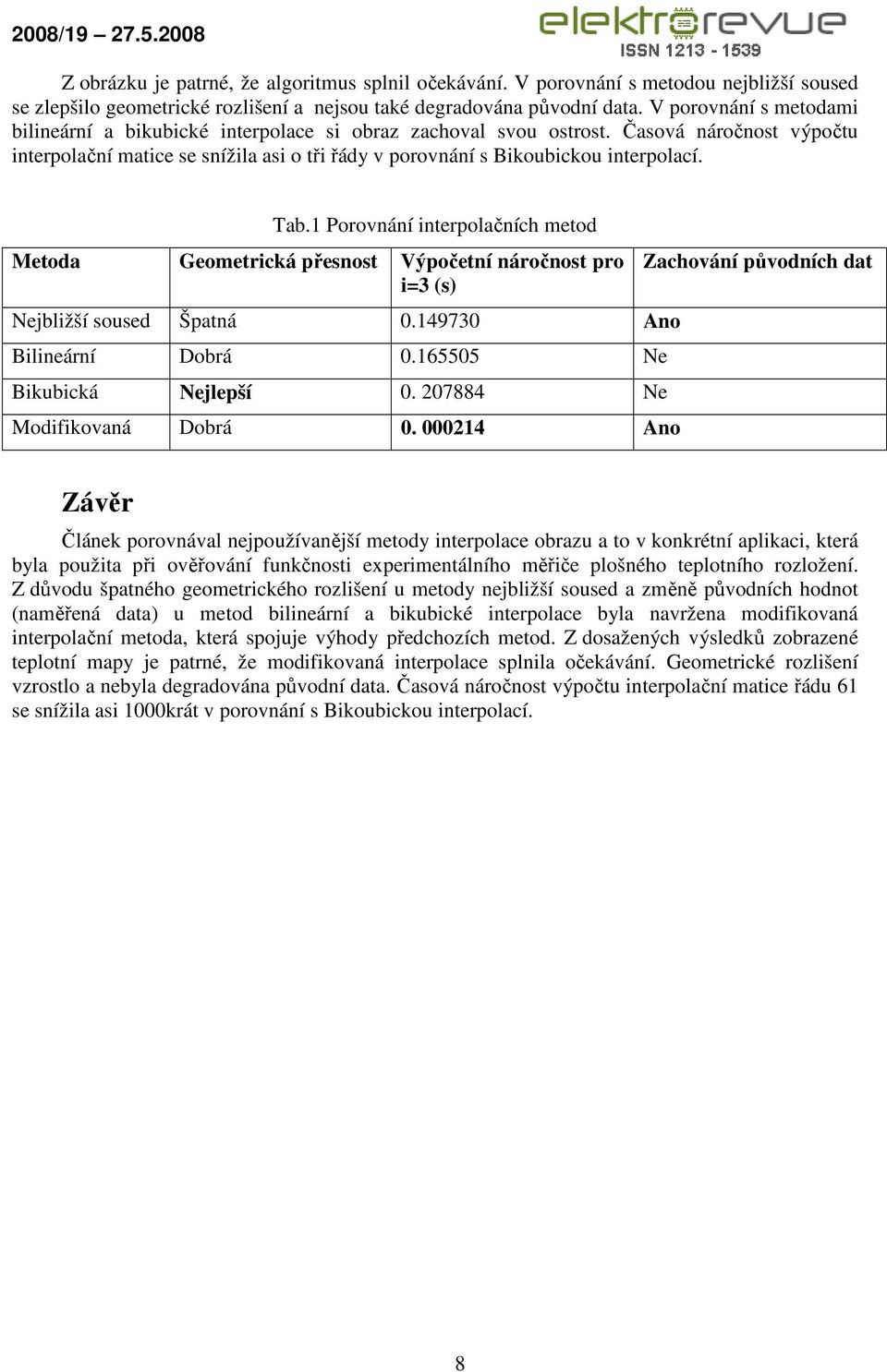 Tab.1 Porovnání interpolačních metod Metoda Geometrická přesnost Výpočetní náročnost pro i=3 (s) Nejbližší soused Špatná 0.149730 Ano Bilineární Dobrá 0.165505 Ne Bikubická Nejlepší 0.