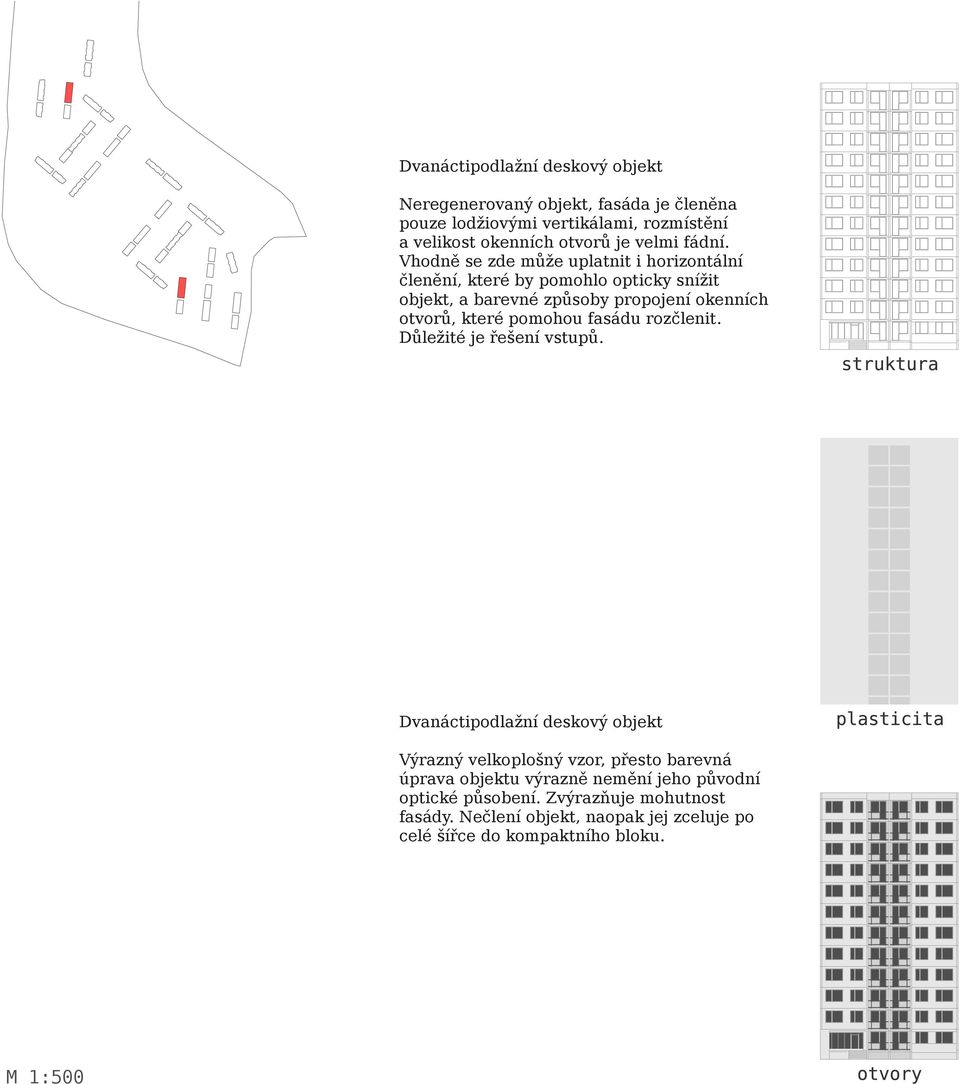 Vhodně se zde může uplatnit i horizontální členění, které by pomohlo opticky snížit objekt, a barevné způsoby propojení okenních otvorů, které