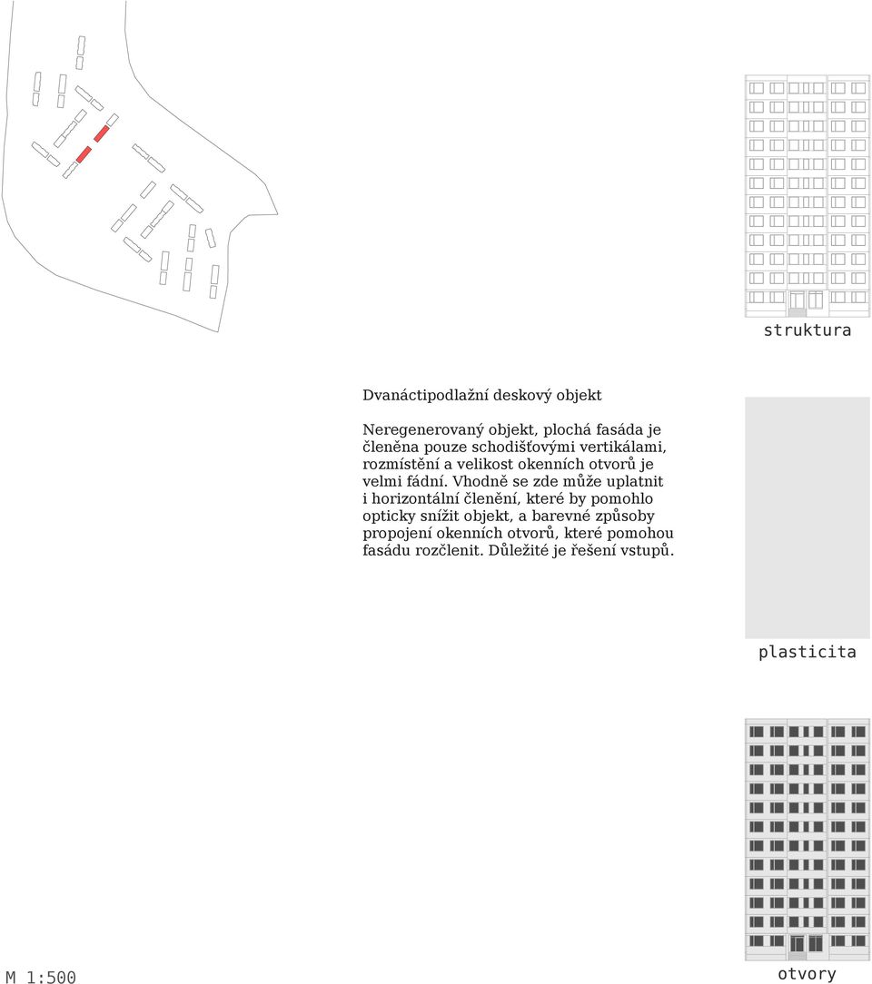 Vhodně se zde může uplatnit i horizontální členění, které by pomohlo opticky snížit objekt,