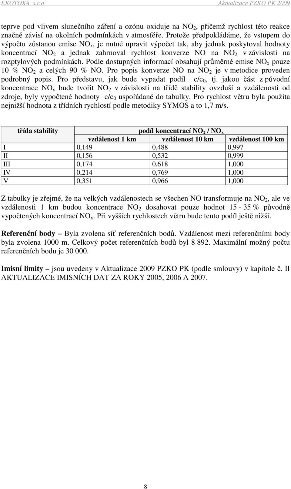 závislosti na rozptylových podmínkách. Podle dostupných informací obsahují průměrné emise NO x pouze 10 % NO 2 a celých 90 % NO. Pro popis konverze NO na NO 2 je v metodice proveden podrobný popis.