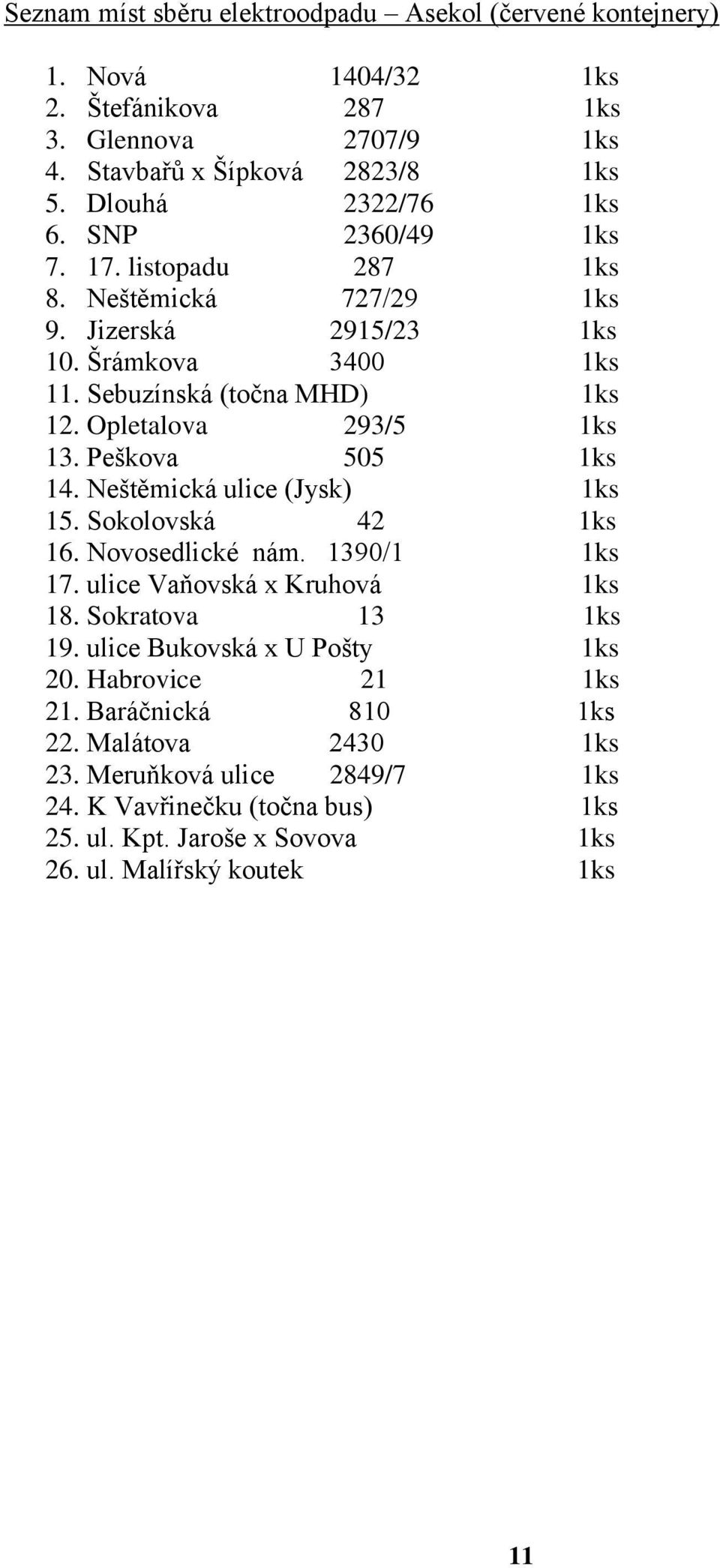 Peškova 505 1ks 14. Neštěmická ulice (Jysk) 1ks 15. Sokolovská 42 1ks 16. Novosedlické nám. 1390/1 1ks 17. ulice Vaňovská x Kruhová 1ks 18. Sokratova 13 1ks 19.