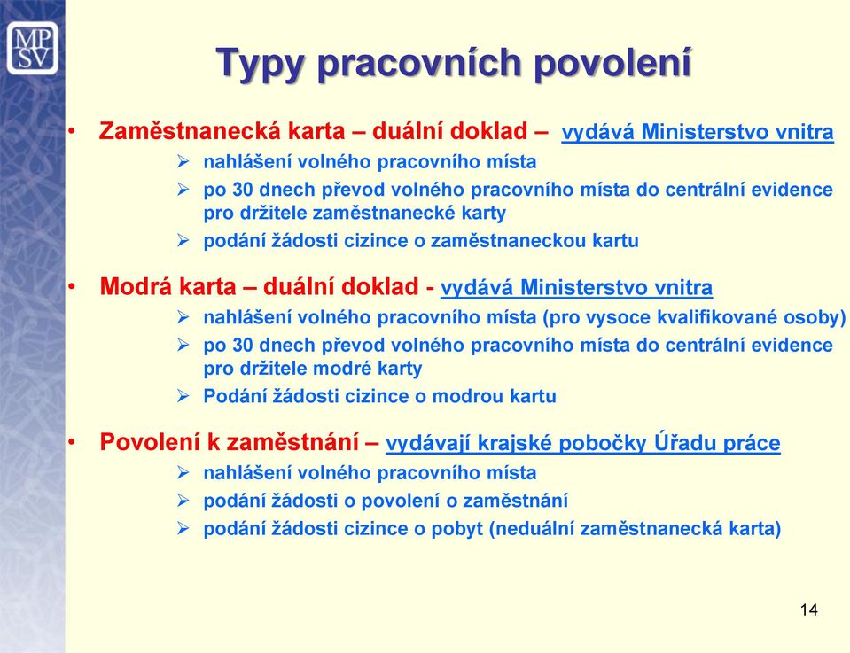 (pro vysoce kvalifikované osoby) po 30 dnech převod volného pracovního místa do centrální evidence pro držitele modré karty Podání žádosti cizince o modrou kartu Povolení k