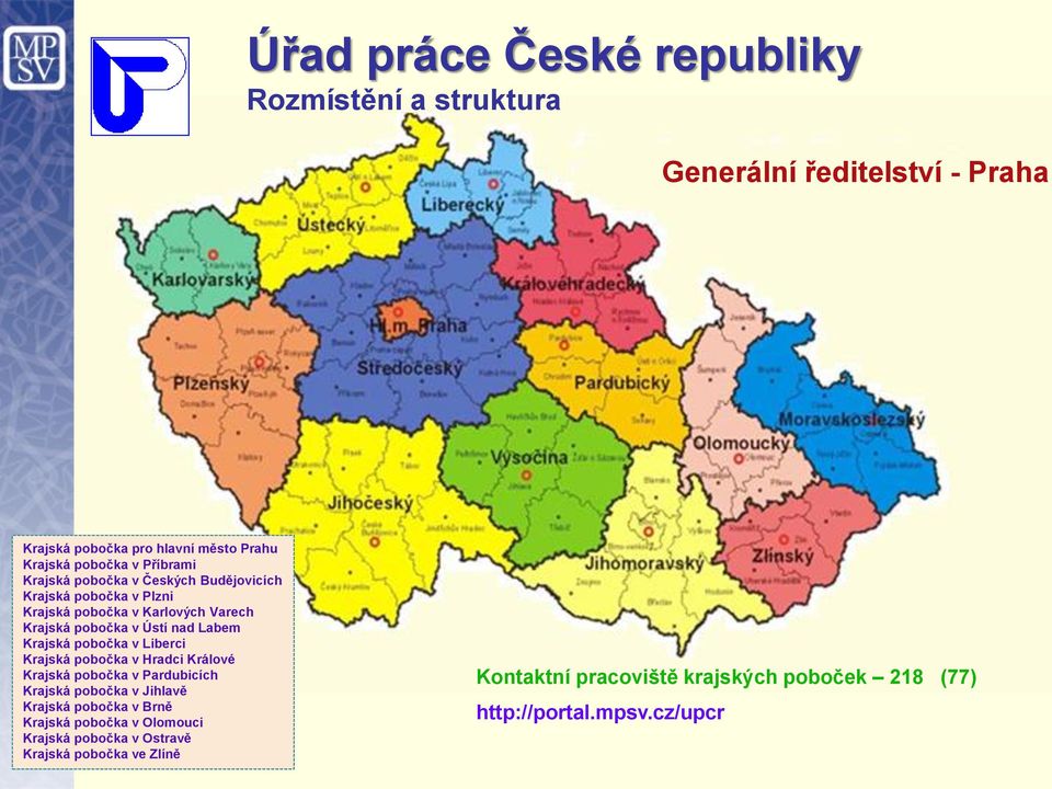 Krajská pobočka v Liberci Krajská pobočka v Hradci Králové Krajská pobočka v Pardubicích Krajská pobočka v Jihlavě Krajská pobočka v Brně