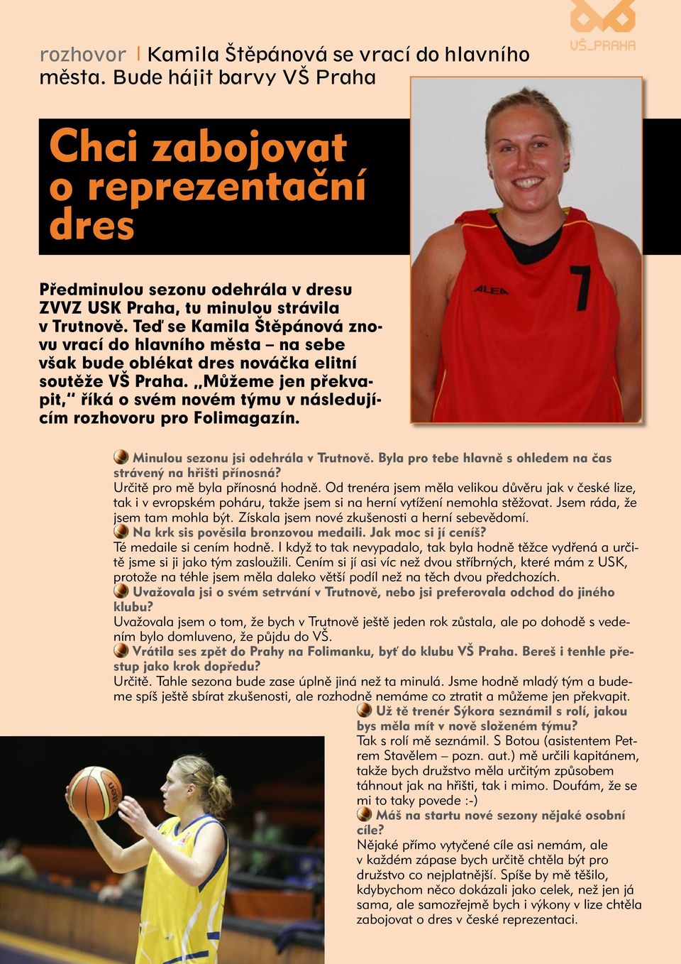 Můžeme jen překvapit, říká o svém novém týmu v následujícím rozhovoru pro Folimagazín. Minulou sezonu jsi odehrála v Trutnově. Byla pro tebe hlavně s ohledem na čas strávený na hřišti přínosná?