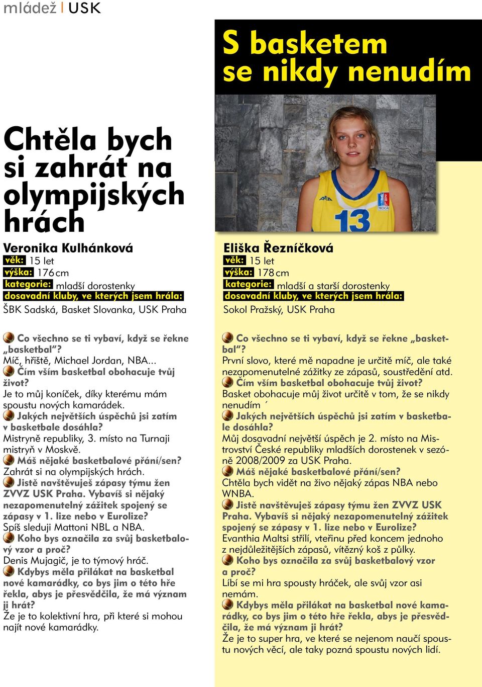 ti vybaví, když se řekne basketbal? Míč, hřiště, Michael Jordan, NBA... Čím vším basketbal obohacuje tvůj život? Je to můj koníček, díky kterému mám spoustu nových kamarádek.