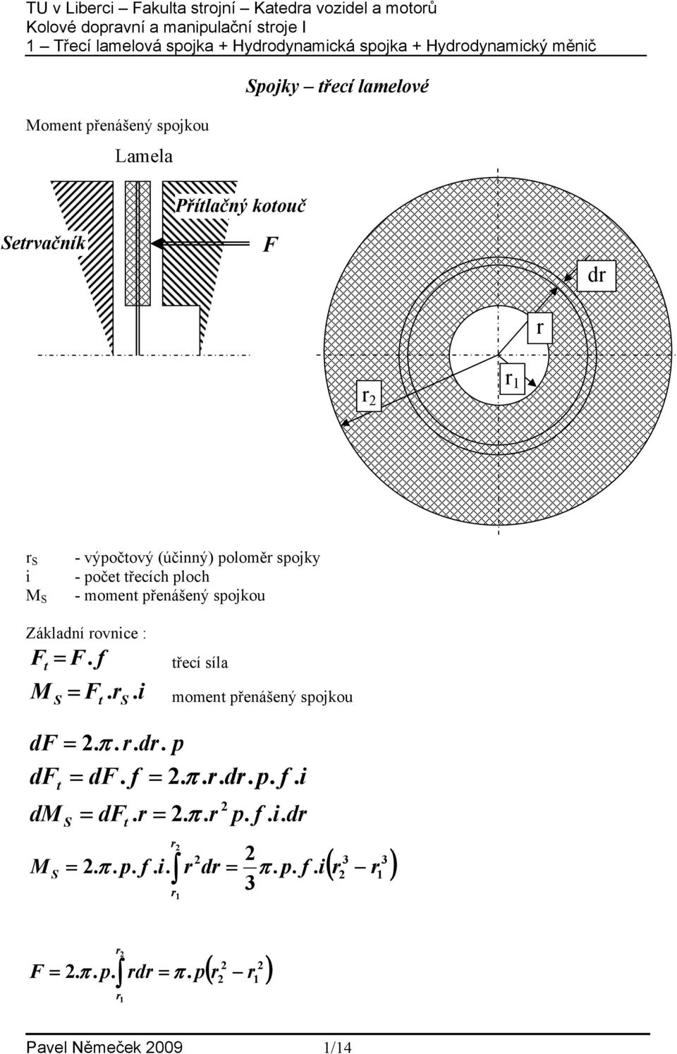ovnice : F t F. f třecí síla F. i moment přenášený spojkou t. df. π.. d. p df t df. f. π.. d. p. f. i d dft.