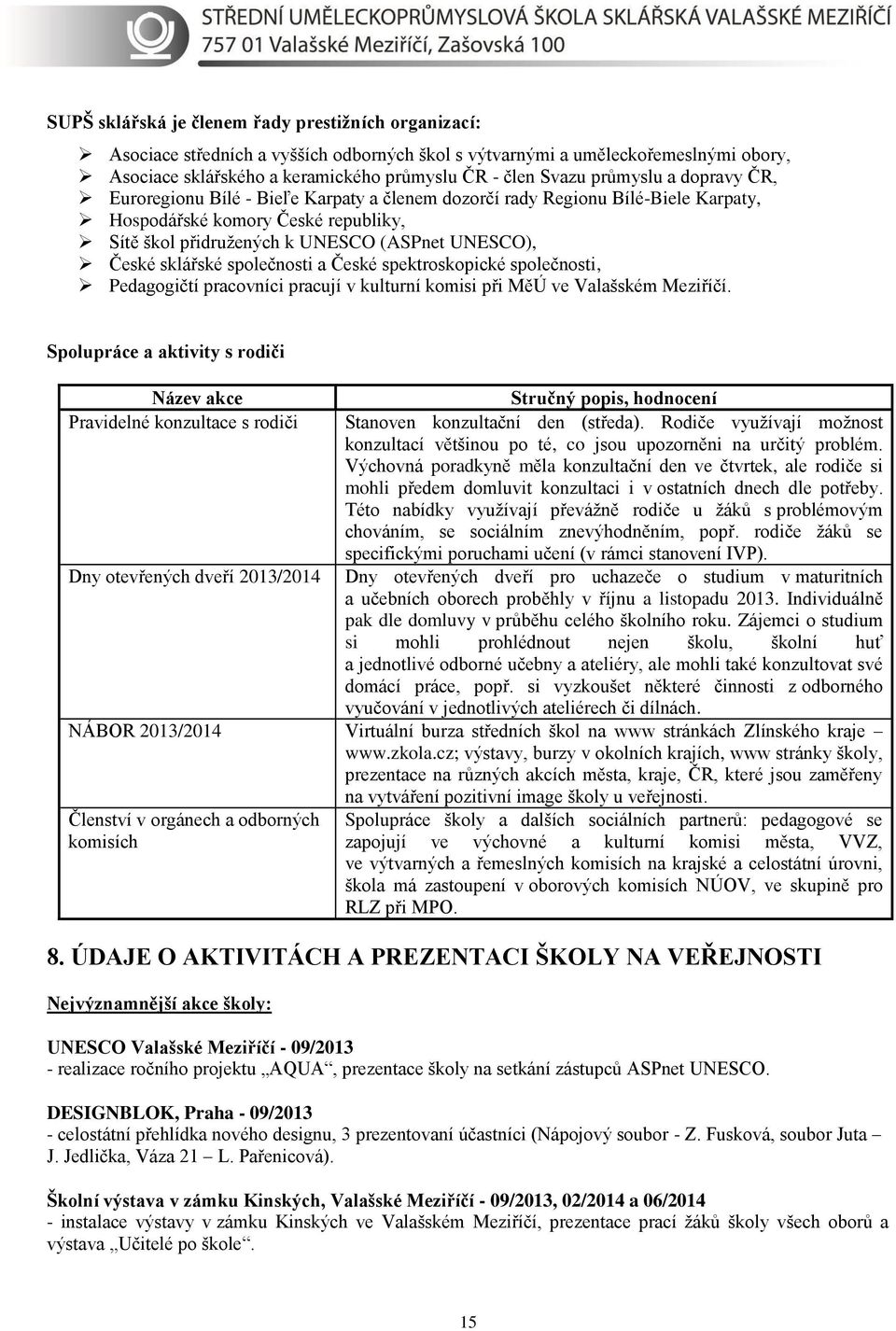 sklářské společnosti a České spektroskopické společnosti, Pedagogičtí pracovníci pracují v kulturní komisi při MěÚ ve Valašském Meziříčí.