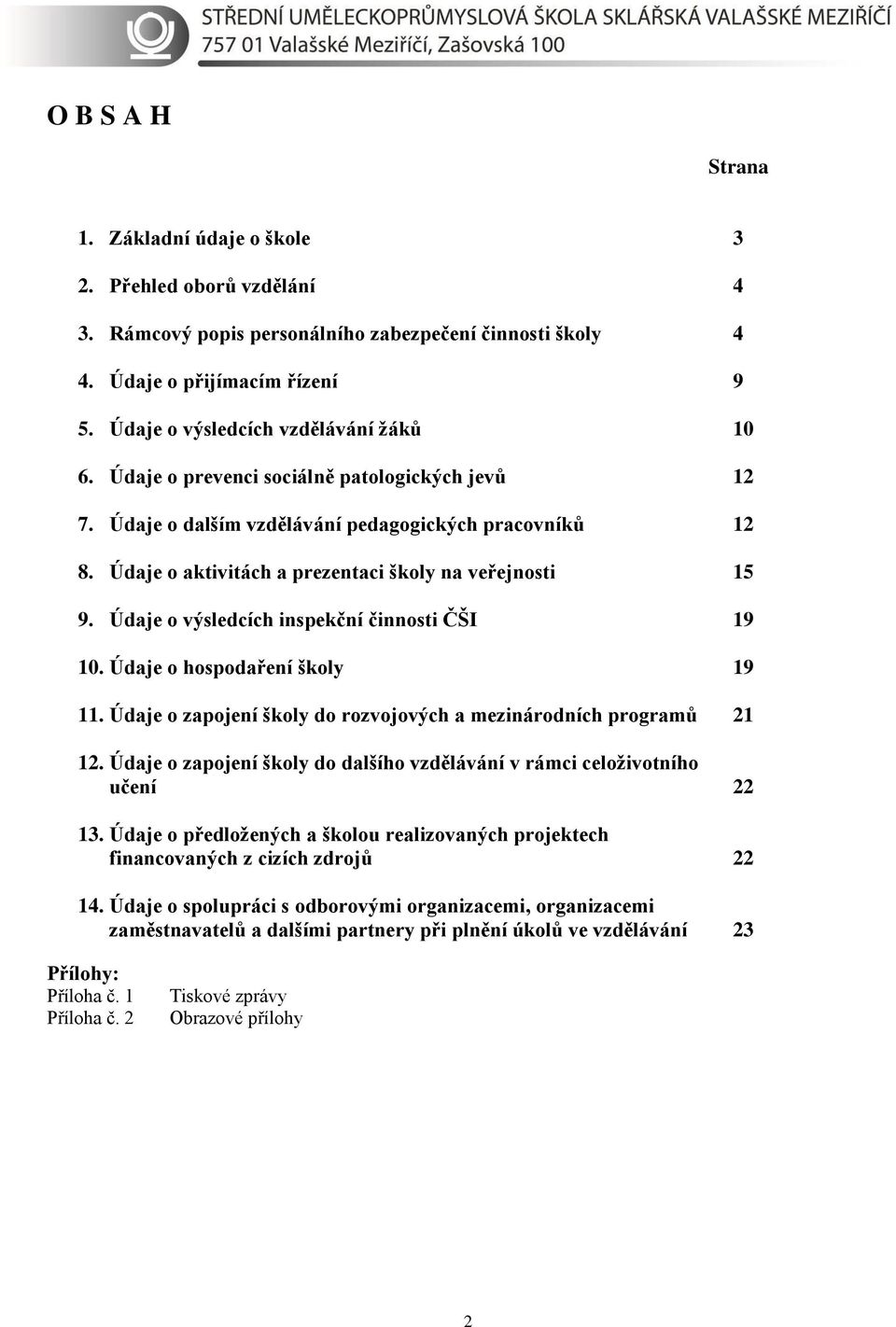 Údaje o aktivitách a prezentaci školy na veřejnosti 15 9. Údaje o výsledcích inspekční činnosti ČŠI 19 10. Údaje o hospodaření školy 19 11.