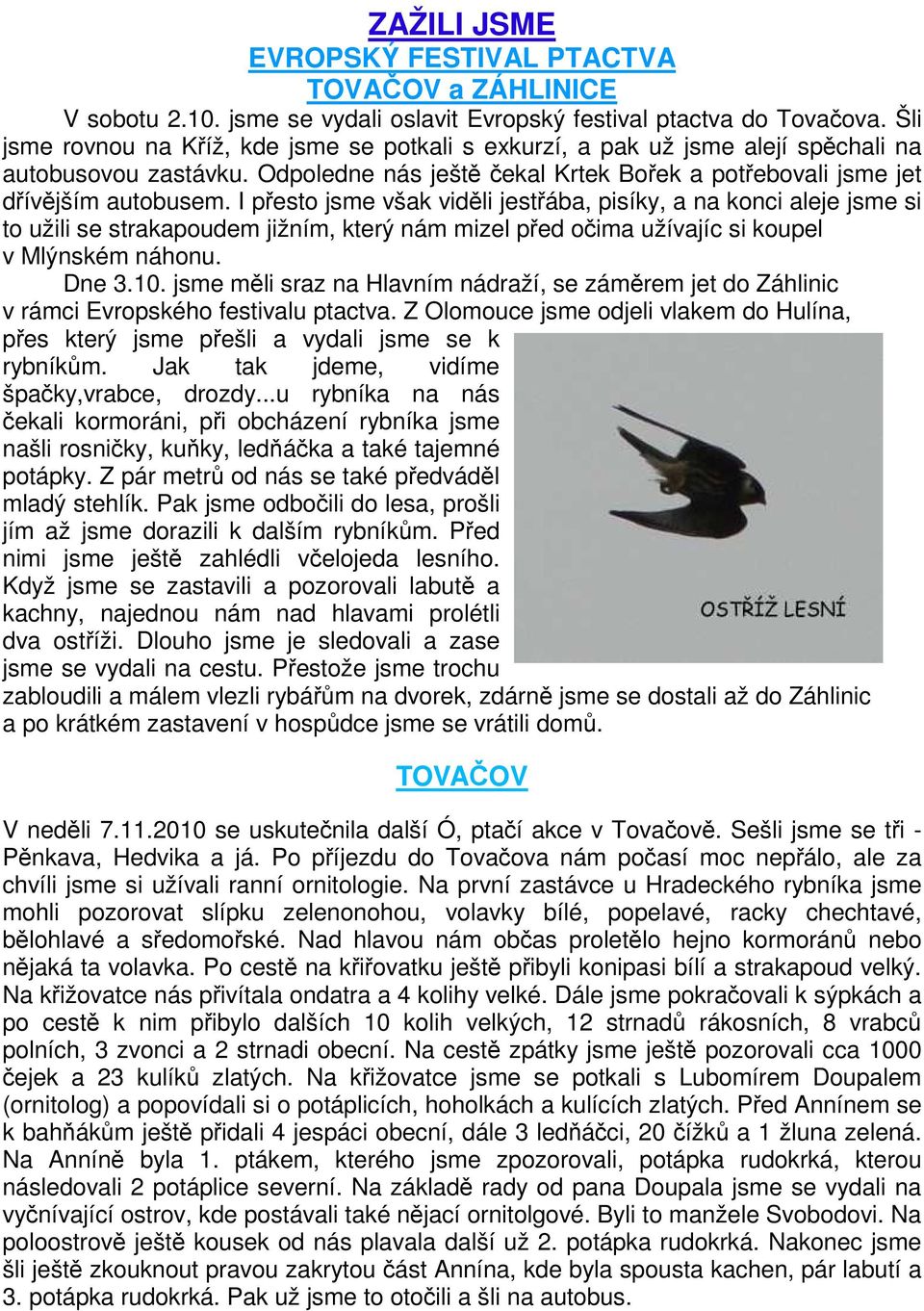 I přesto jsme však viděli jestřába, pisíky, a na konci aleje jsme si to užili se strakapoudem jižním, který nám mizel před očima užívajíc si koupel v Mlýnském náhonu. Dne 3.10.