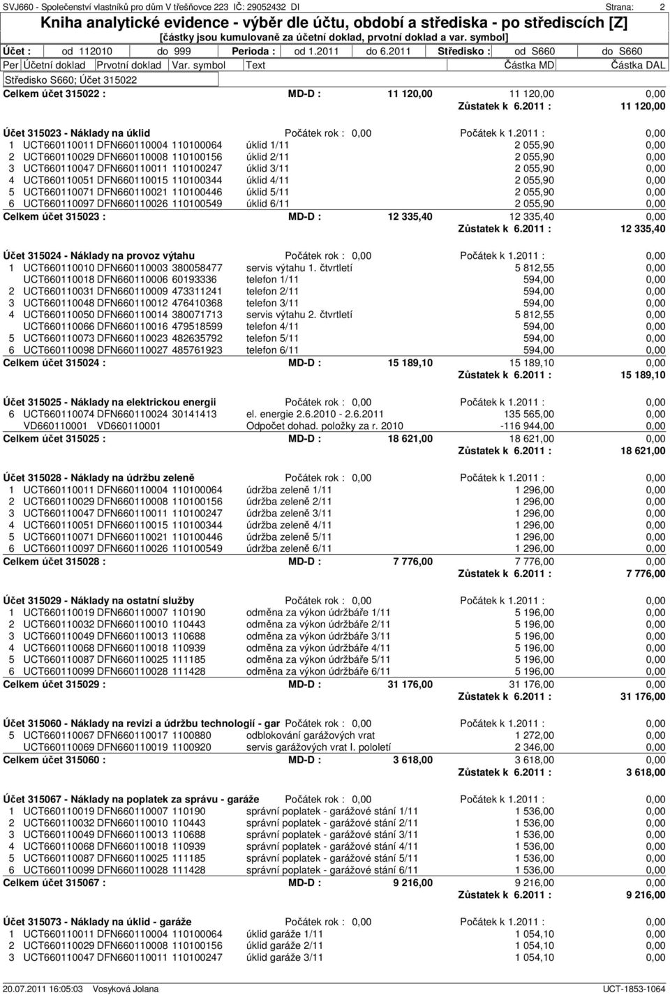 3/11 4 UCT660110051 DFN660110015 110100344 úklid 4/11 5 UCT660110071 DFN660110021 110100446 úklid 5/11 6 UCT660110097 DFN660110026 110100549 úklid 6/11 Celkem účet 315023 : MD-D : 12 335,40 12 335,40