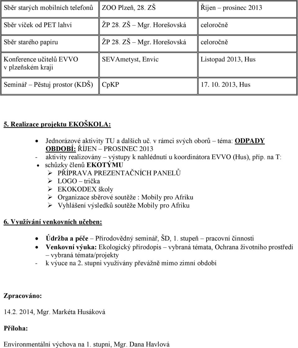 2013, Hus 5. Realizace projektu EKOŠKOLA: Jednorázové aktivity TU a dalších uč.