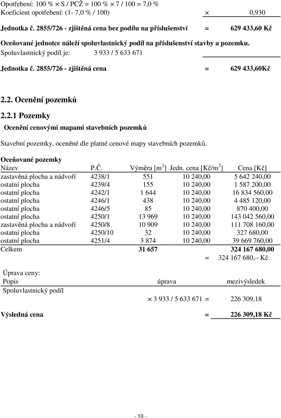 Spoluvlastnický podíl je: 3 933 / 5 633 671 Jednotka č. 2855/726 - zjištěná cena = 629 433,60Kč 2.2. Ocenění pozemků 2.2.1 Pozemky Ocenění cenovými mapami stavebních pozemků Stavební pozemky, oceněné dle platné cenové mapy stavebních pozemků.