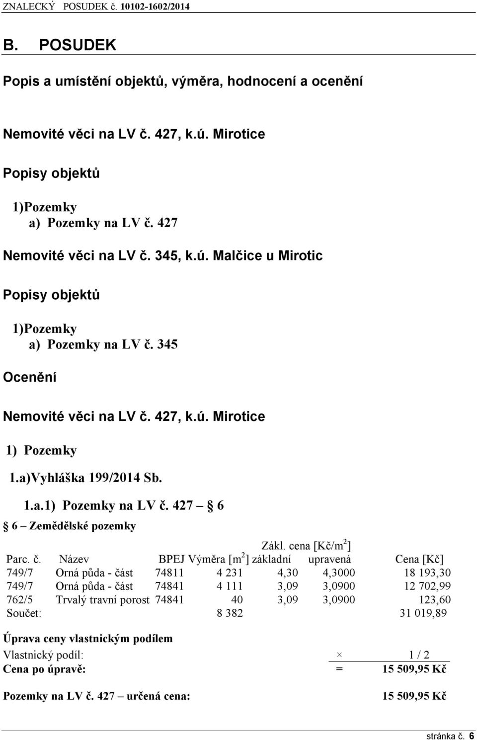 427, k.ú. Mirotice 1) Pozemky 1.a)Vyhláška 199/2014 Sb. 1.a.1) Pozemky na LV č.