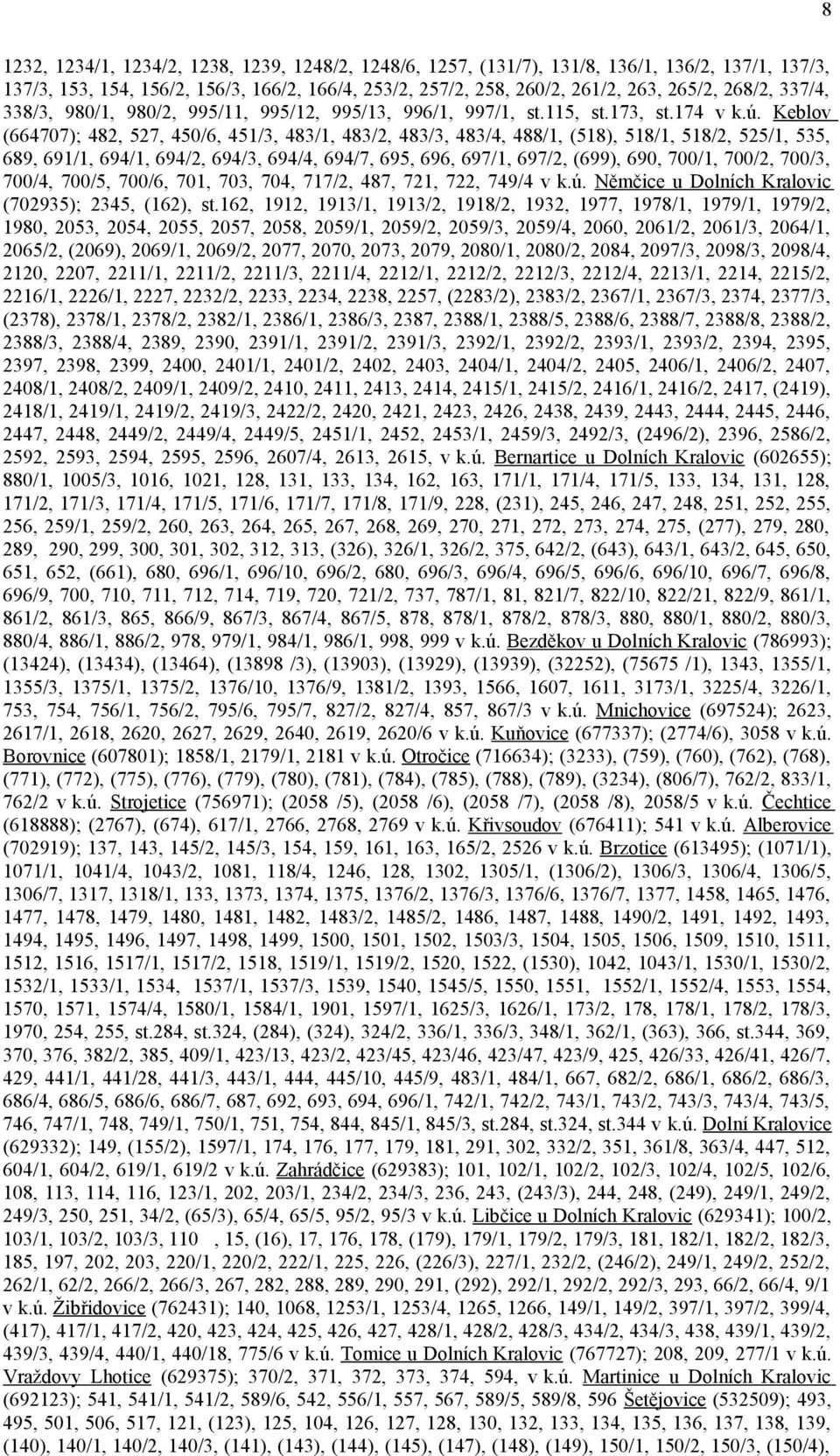 Keblov (664707); 482, 527, 450/6, 451/3, 483/1, 483/2, 483/3, 483/4, 488/1, (518), 518/1, 518/2, 525/1, 535, 689, 691/1, 694/1, 694/2, 694/3, 694/4, 694/7, 695, 696, 697/1, 697/2, (699), 690, 700/1,