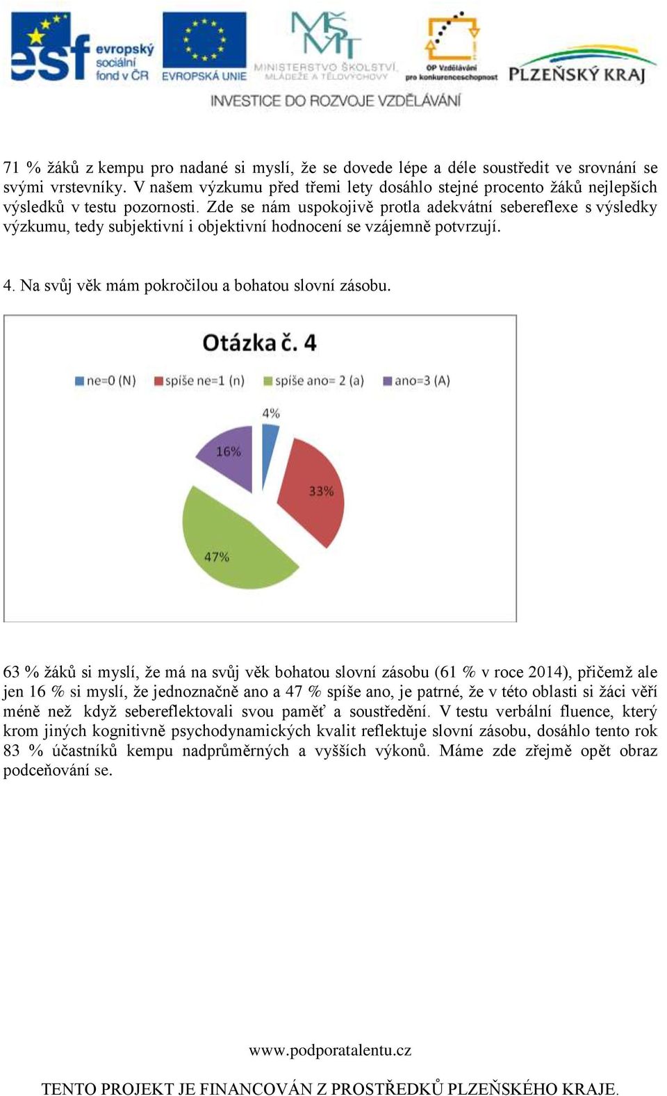 Zde se nám uspokojivě protla adekvátní sebereflexe s výsledky výzkumu, tedy subjektivní i objektivní hodnocení se vzájemně potvrzují. 4. Na svůj věk mám pokročilou a bohatou slovní zásobu.