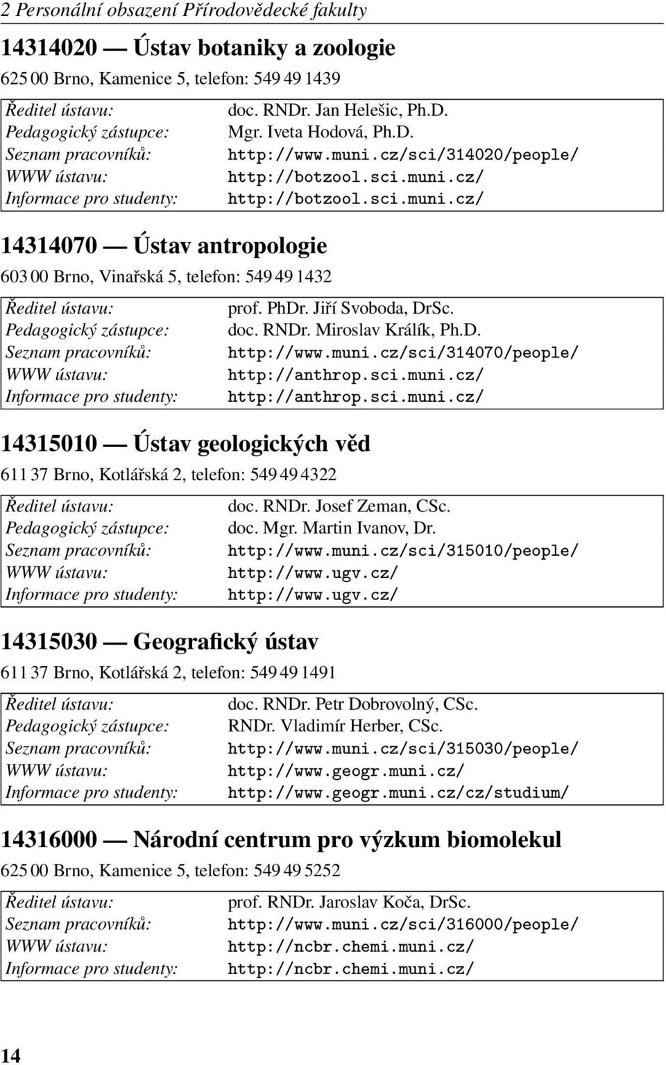 PhDr. Jiří Svoboda, DrSc. Pedagogický zástupce: doc. RNDr. Miroslav Králík, Ph.D. Seznam pracovníků: http://www.muni.cz/sci/314070/people/ WWW ústavu: http://anthrop.sci.muni.cz/ Informace pro studenty: http://anthrop.