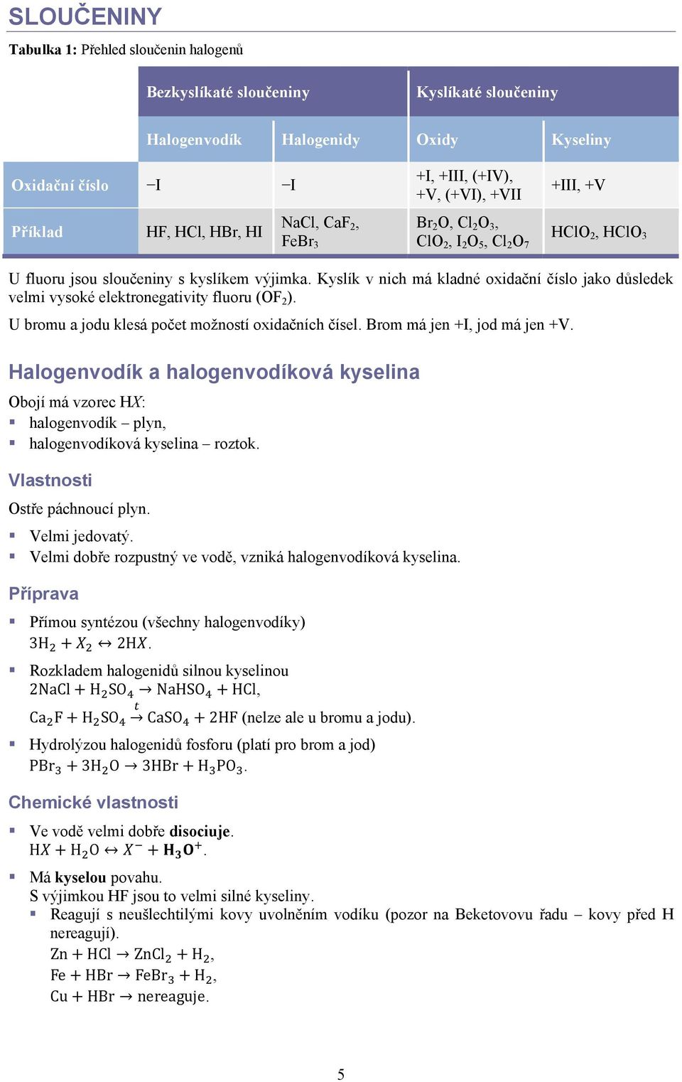 Kyslík v nich má kladné oxidační číslo jako důsledek velmi vysoké elektronegativity fluoru (OF 2 ). U bromu a jodu klesá počet možností oxidačních čísel. Brom má jen +I, jod má jen +V.