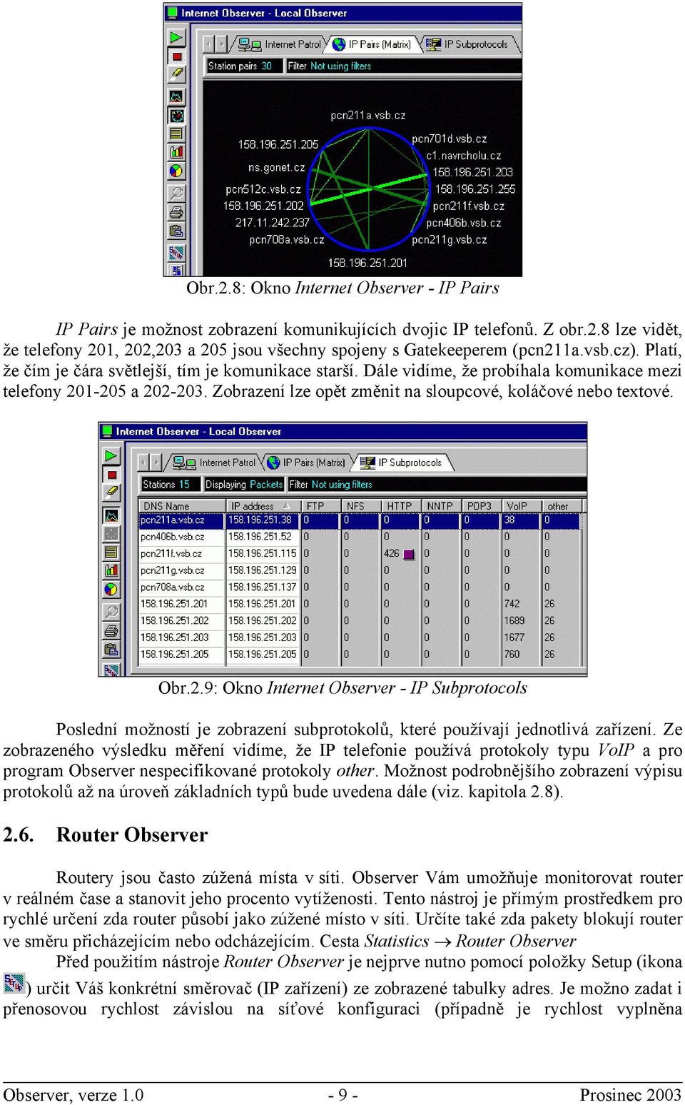 Obr.2.9: Okno Internet Observer - IP Subprotocols Poslední možností je zobrazení subprotokolů, které používají jednotlivá zařízení.