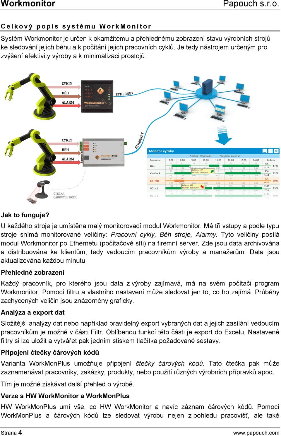 Má tři vstupy a podle typu stroje snímá monitorované veličiny: Pracovní cykly, Běh stroje, Alarmy. Tyto veličiny posílá modul Workmonitor po Ethernetu (počítačové síti) na firemní server.