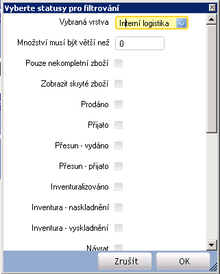 Agendy hlavního menu Výběrová pole ve Správě artiklů Druhými filtrovacími poli je skrytá tabulka Filtrovat dle stavů.