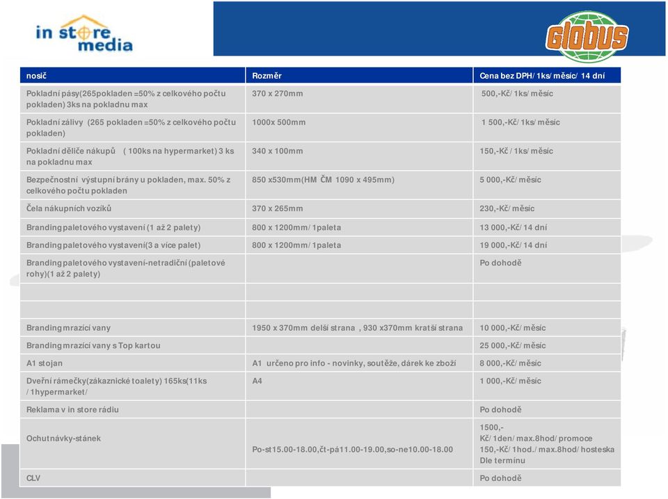 50% z celkového počtu pokladen PŘEHLED NOSIČŮ 370 x 270mm 500,-Kč/1ks/měsíc 1000x 500mm 1 500,-Kč/1ks/měsíc 340 x 100mm 150,-Kč /1ks/měsíc 850 x530mm(hm ČM 1090 x 495mm) 5 000,-Kč/měsíc Čela