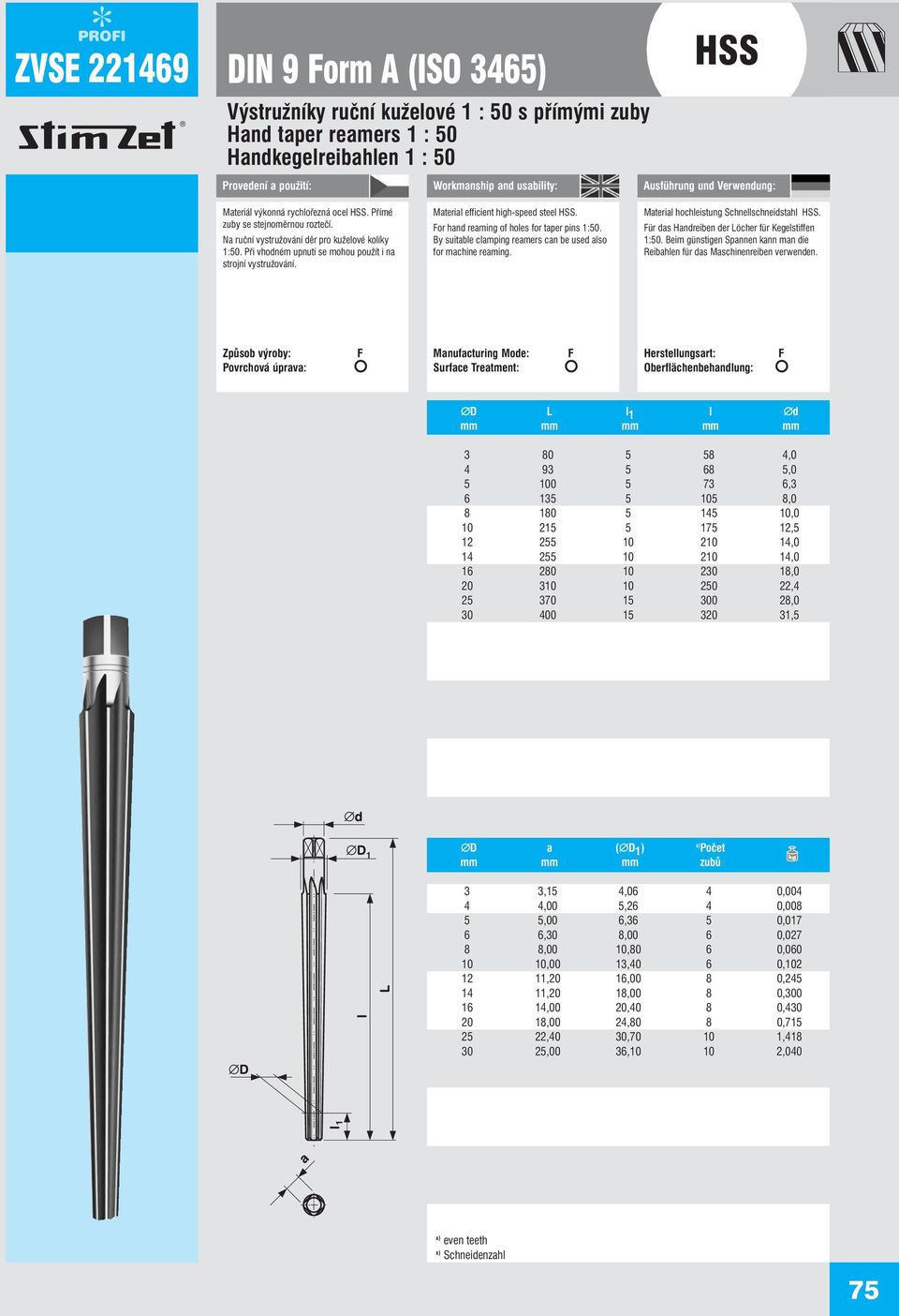 or hand reaming of holes for taper pins 1:50. By suitable clamping reamers can be used also for machine reaming. Material hochleistung Schnellschneidstahl.