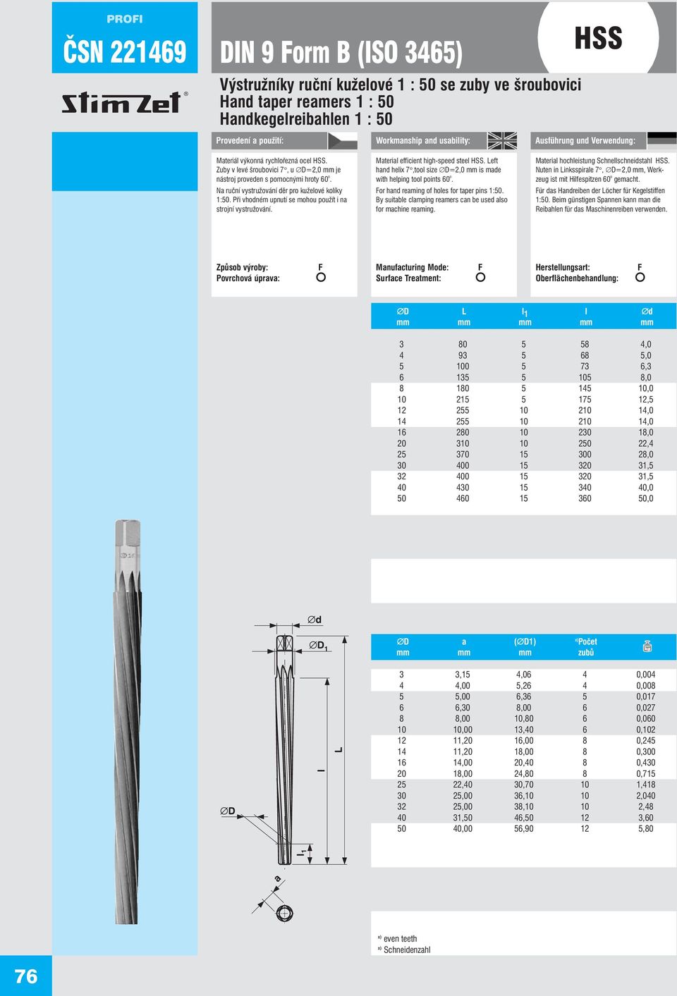 Material efficient high-speed steel. Left hand helix 7,tool size D=2,0 mm is made with helping tool points 60 o. or hand reaming of holes for taper pins 1:50.