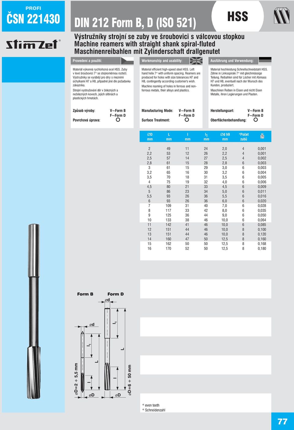 Strojní vystružování děr v železných a neželezných kovech, jejich slitinách a plastických hmotách. Material efficient high-speed steel. Left hand helix 7 with uniform spacing.