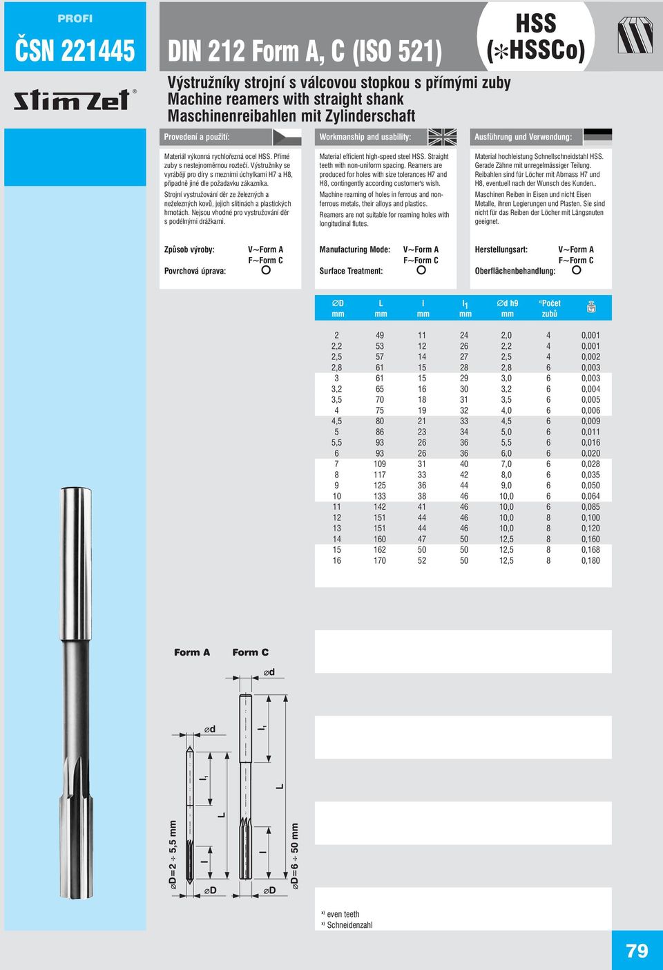 Strojní vystružování děr ze železných a neželezných kovů, jejich slitinách a plastických hmotách. Nejsou vhodné pro vystružování děr s podélnými drážkami. Material efficient high-speed steel.
