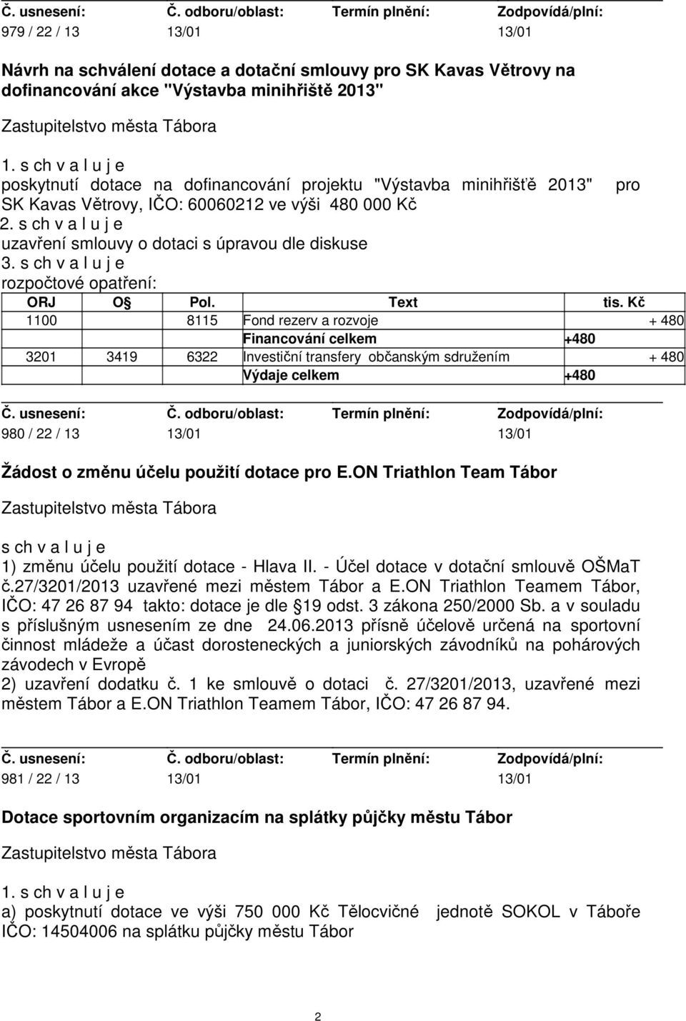 rozpočtové opatření: 1100 8115 Fond rezerv a rozvoje + 480 Financování celkem +480 3201 3419 6322 Investiční transfery občanským sdružením + 480 Výdaje celkem +480 980 / 22 / 13 13/01 13/01 Žádost o