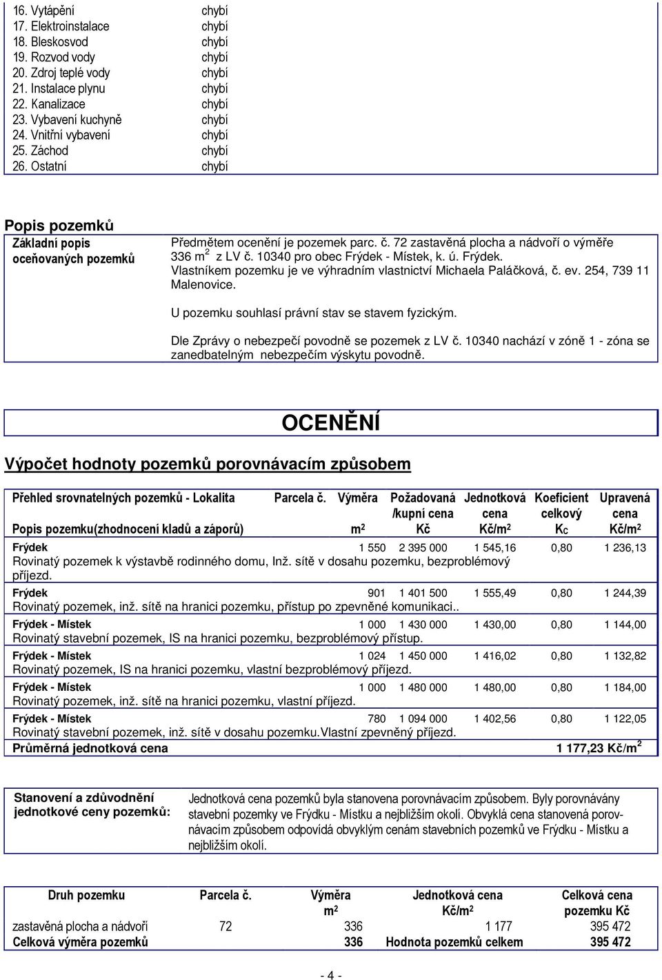 10340 pro obec Frýdek - Místek, k. ú. Frýdek. Vlastníkem pozemku je ve výhradním vlastnictví Michaela Paláčková, č. ev. 254, 739 11 Malenovice. U pozemku souhlasí právní stav se stavem fyzickým.