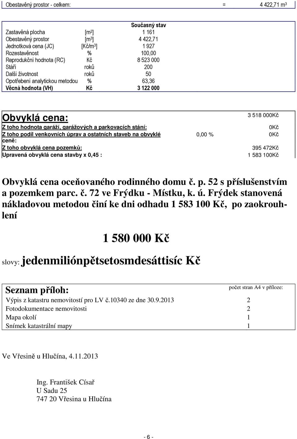 stání: Z toho podíl venkovních úprav a ostatních staveb na obvyklé ceně: Z toho obvyklá cena pozemků: Upravená obvyklá cena stavby x 0,45 : 3 518 000Kč 0Kč 0,00 % 0Kč 395 472Kč 1 583 100Kč Obvyklá